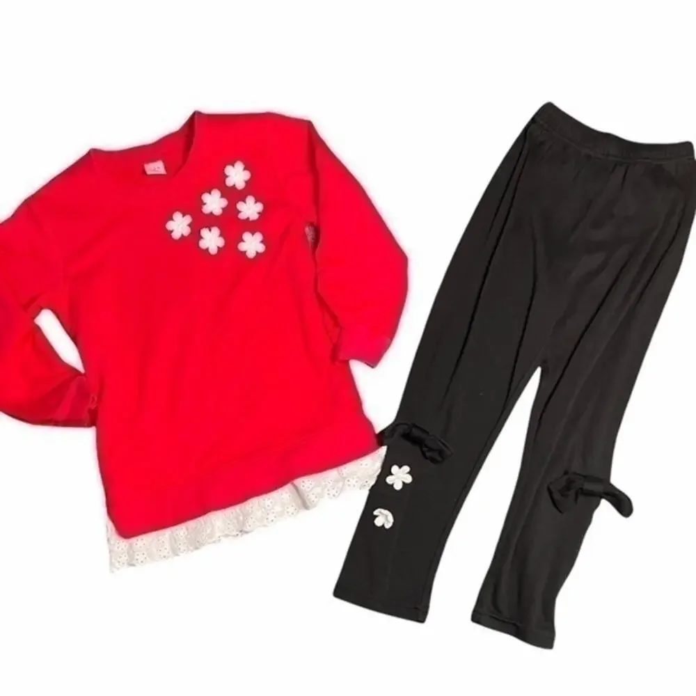 Floral Appliqué Matching Set Girls Size 5 Long Sleeve Top pants Outfit 120